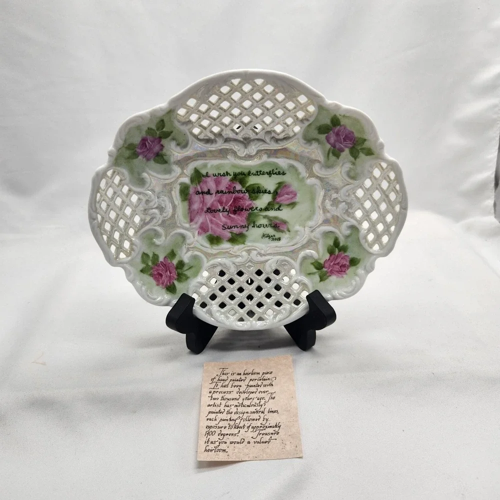VICTORIAN Tea Rose Platter Formalities Tray Plate Hand Painted Porcelain Lace...